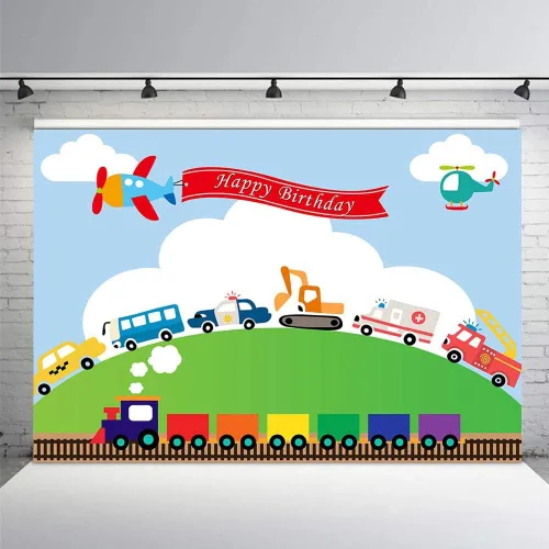 Miniatura 2 de Telón de fondo de fiesta de cumpleaños para automóvil, tren, aviones, automóvil, camión, niño, primer cumpleaños, cielo azul, nube, césped, verde
