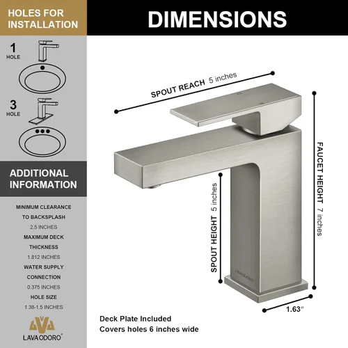 Miniatura 4 de Lava Odoro Grifo de Baño de Un Solo Agujero, Grifo de Lavabo de Níquel Cepillado de Baño con Mango Único, Grifo de Lavabo con Drenaje Desplegable