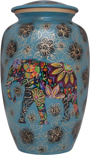 Urna funeraria azul con elefante - Diseño floral espiritual indio - Urna de cremación para cenizas humanas - Aluminio - Adecuada para entierro en
