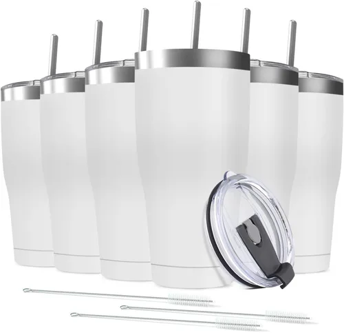 Miniatura 11 de Paquete de 8 vasos de acero inoxidable de 30 onzas a granel reutilizables con tapa, taza de café con recubrimiento de polvo de doble pared