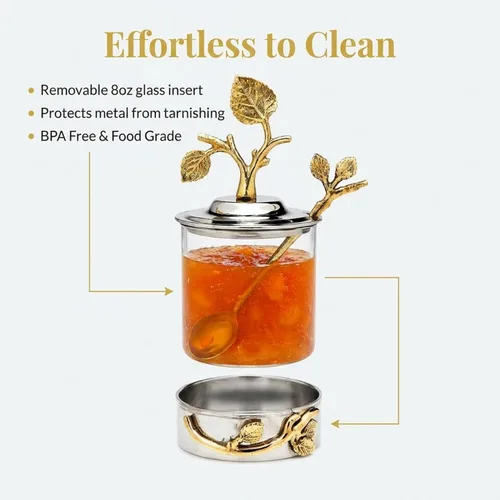 Miniatura 6 de Godinger Elegante tarro de mermelada de hojas y miel con cuchara, elegante plato de acero inoxidable y vidrio para condimentos, azúcar y untables