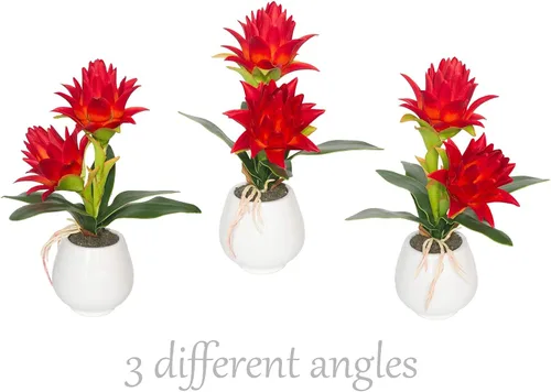 Miniatura 2 de Bromelia roja en maceta, flores artificiales con jarrón para decoración del hogar y la oficina, bonsái de planta tropical sintética estética, 13.4