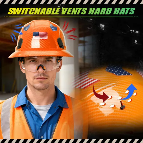 Miniatura 4 de Casco duro de ala completa con patrón de fibra de carbono con visera, casco de seguridad de construcción aprobado por la OSHA para hombres y Fibra