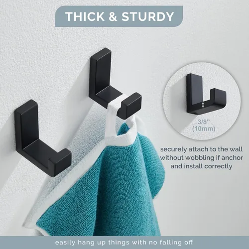 Miniatura 6 de Gancho Simple de Ángulo para Toalla Negro Mate 2 Pack, Gancho para Abrigo de Baño de Acero Inoxidable 304 para Pared