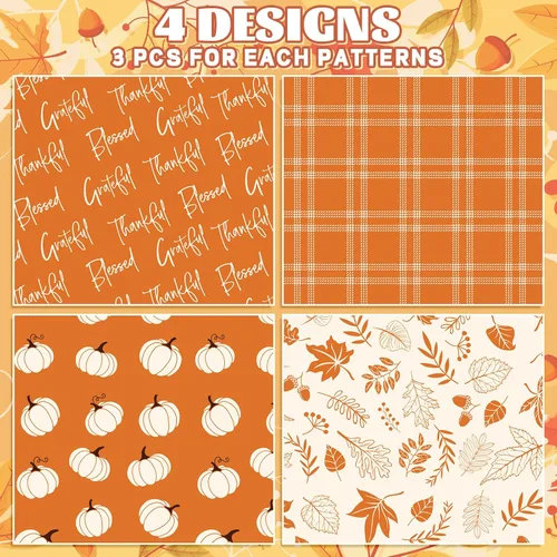 Miniatura 3 de Whaline 12 hojas de papel de regalo de otoño, hojas de otoño, calabaza, cuadros, papel de regalo de 4 estilos, color naranja y blanco, papel