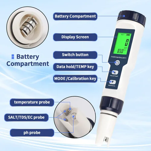 Miniatura 8 de Probador de sal de piscina, probador digital de agua de piscina, preciso y confiable, salinidad, medidor de pH, EC, TDS y temperatura 5 en 1; kit