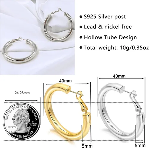 Miniatura 3 de Aretes de aro de oro grueso, aros ligeros de tubo de aulllow dorados gruesos para mujer, aretes grandes hipoalergénicos de 0.984in, 1.181in