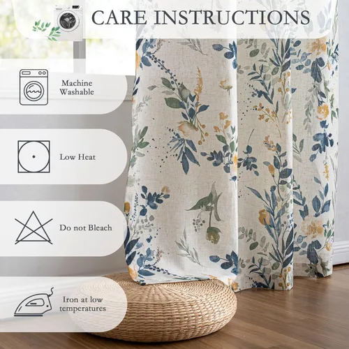 Miniatura 6 de MYSKY HOME Cortinas florales de cocina de 24 pulgadas, cortinas de lino con patrón de flores de granja, bolsillo para barra de filtro de luz aireado