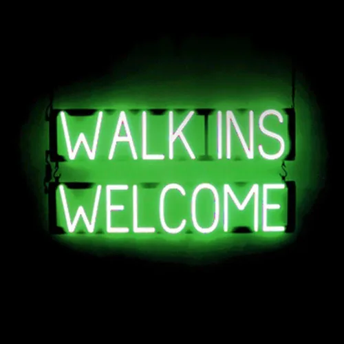 Miniatura 16 de SpellBrite Letrero con texto en inglés "WALK INS WELCOME", con aspecto de neón, fuente de luz LED azul, 29.8 x 15.0 pulgadas