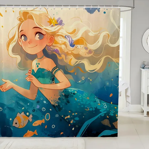 Miniatura 20 de Homewish Cortina de ducha de sirena azul con diseño de princesa sirena, juego de cortina de ducha para niños y adultos, cortina de baño subacuática