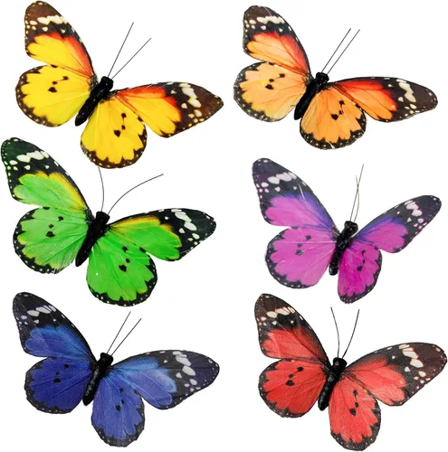 Miniatura 10 de Juego de 12 decoraciones de mariposa de plumas y mariposas multicolores, mariposas papilio machaon en alambre. Decoración del hogar de primavera