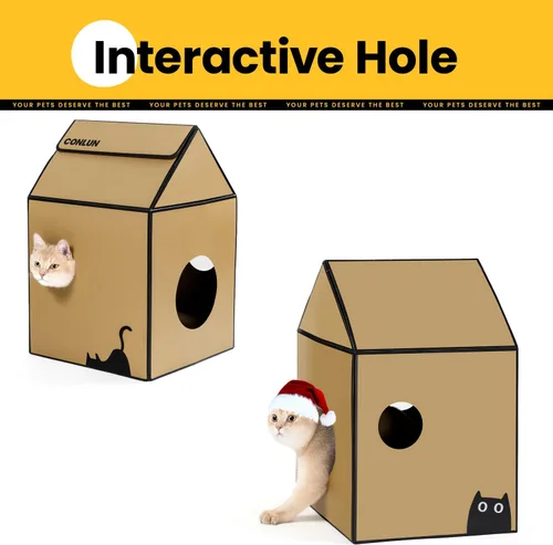 Miniatura 3 de Conlun Casa de cartón para gatos con almohadilla para rascar y hierba gatera, casa rascador para juegos de gatos para muebles de interior, rascador