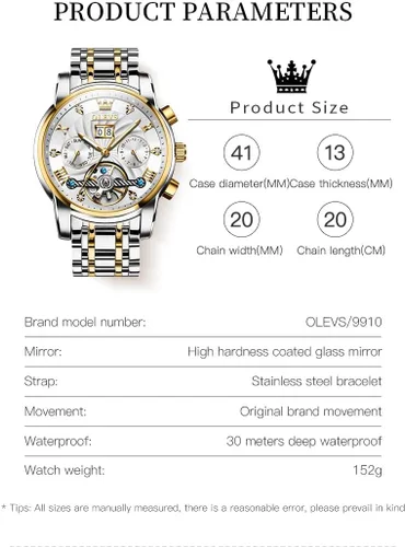 Miniatura 50 de OLEVS Reloj de pulsera automático con diseño de esqueleto para hombre, de lujo, con diamantes de lujo, de acero inoxidable, calendario, reloj