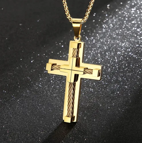 Miniatura 3 de Vividstill Collar de cruz para hombre, colgante de cruz de acero inoxidable con cadena de 24 pulgadas, gran regalo de cruz cristiana para hombres