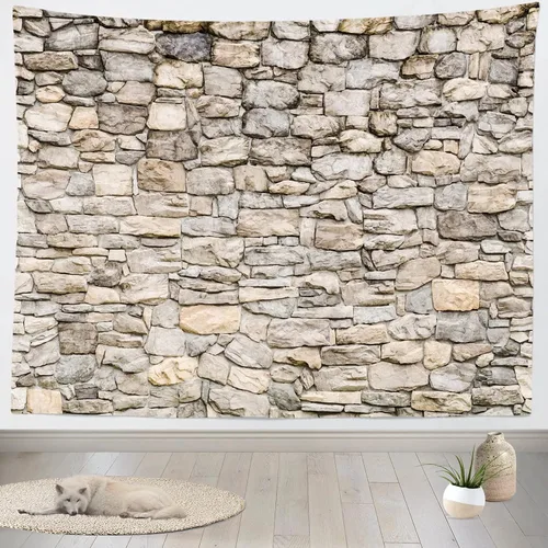 Loccor Tapiz de pared de piedra antigua gris – 60 pulgadas de ancho x 40 pulgadas de alto – arte abstracto de piedra de mampostería vintage –