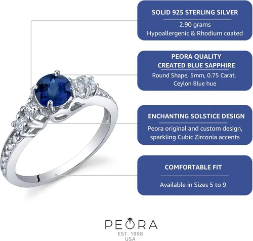 Miniatura 4 de Peora Anillo de plata de ley 925 con zafiro azul para mujer, diseño de solsticio encantador, 0.75 quilates, redondo, 0.197in, tamaños 5 a 9, Metal