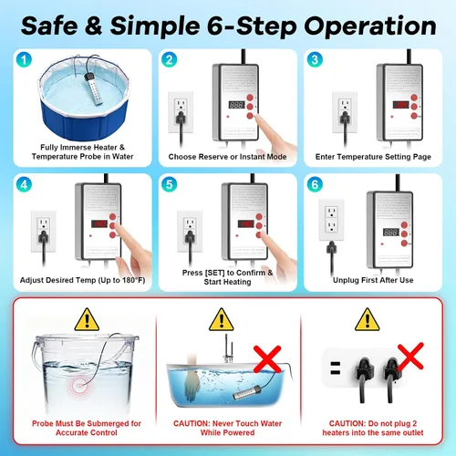 Miniatura 5 de Calentador de agua de inmersión portátil de 2000 W con termostato integrado y arranque retardado, calentamiento rápido para cubos, bañeras, bañera