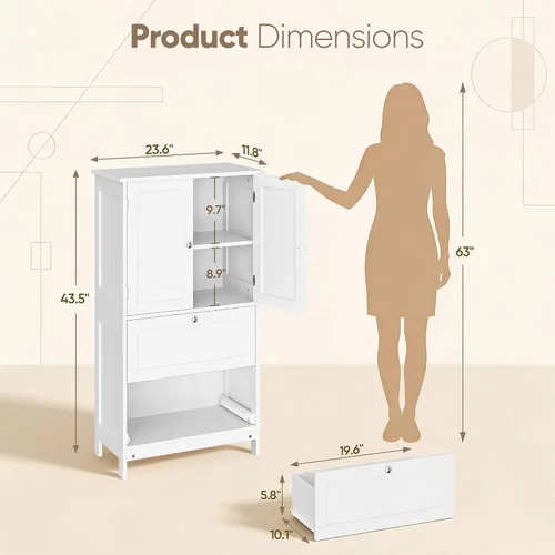 Miniatura 3 de ZenStyle Armario de almacenamiento de piso de baño, organizador de cocina con 2 cajones y 2 puertas, estante ajustable de 5 alturas independientes