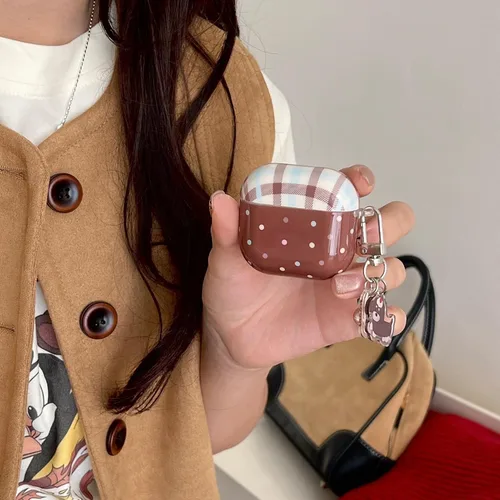 Miniatura 6 de Funda colorida de lunares marrón para Airpods Pro 2 Gen con cerradura, estética retro a cuadros, linda funda protectora kawaii de moda para niñas