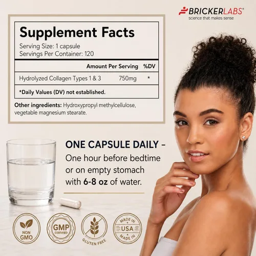 Miniatura 7 de Bricker Labs Colágeno para hombres y mujeres - Suplemento de colágeno hidrolizado tipo I, III, 750 mg, 1 cápsula de colágeno diaria - 120 porciones