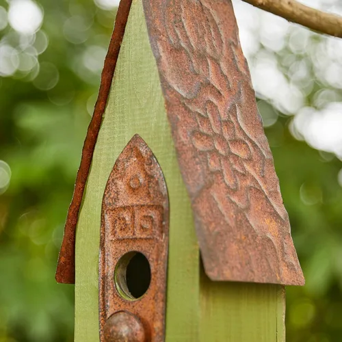 Miniatura 7 de Glitzhome Casa de pájaros colgante de 13.25 pulgadas de alto, color verde retro, de madera maciza envejecida, para exteriores RetroGreen
