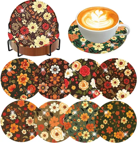 Miniatura 16 de Meothan Juego de 8 posavasos de arte de diamante para adultos con soporte, almohadillas de corcho, posavasos de arte de puntos de diamante de vidrio
