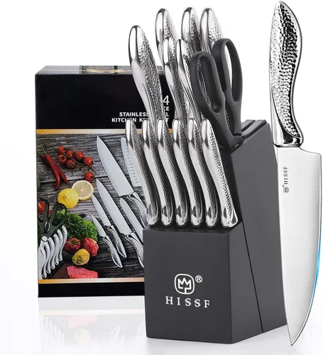 Juego de cuchillos para cocina con bloque, juego de cuchillos de cocina de 14 piezas con afilador integrado, cuchillos de cocina profesionales de