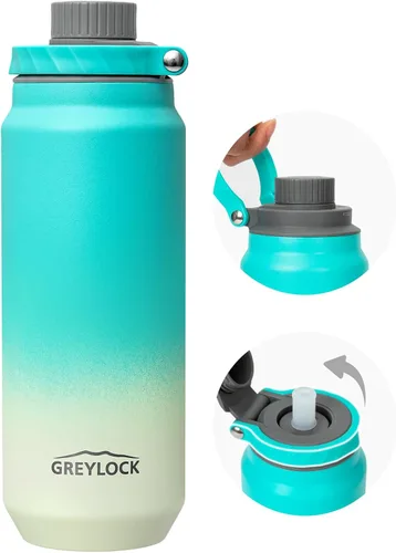 Miniatura 20 de GREYLOCK Botella de agua aislada de 24 onzas con tapa con popote, botella de acero inoxidable reutilizable a prueba de fugas, fría y caliente las 24