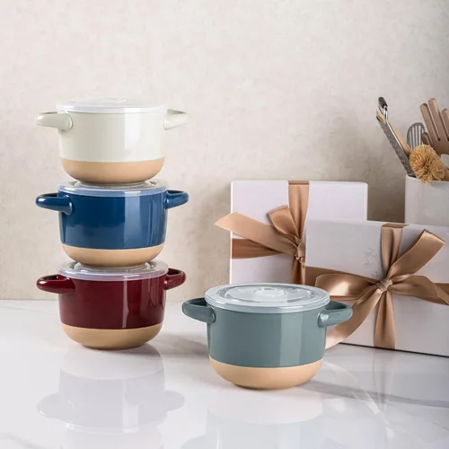 Miniatura 7 de AmorArc Juego de 2 cuencos de sopa de 24 onzas con asas grandes y tapas, cuencos de cerámica para sopa, cereales, guisos, fideos, coloridos cuencos