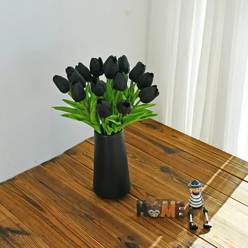 Miniatura 5 de ONLY ART Tulipanes negros artificiales, 20 unidades, flores sintéticas de poliuretano de 13.5 pulgadas con tallos flexibles para decoración