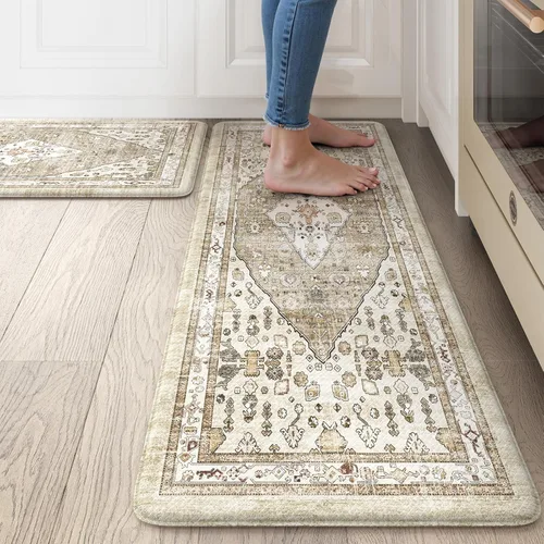 Miniatura 14 de Collive Alfombras y Tapetes Boho para Cocina 2 PIEZAS Alfombra Antifatiga Acolchada, Juego de 2 Alfombras de Cocina Impermeables Antideslizantes