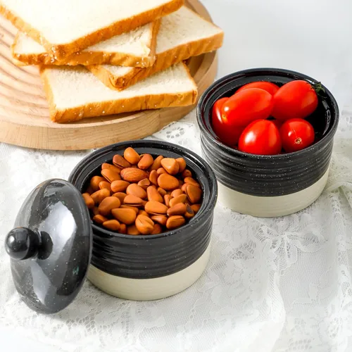 Miniatura 5 de HASENSE Tazón de sal y pimienta de cerámica, tazones de sal y pimienta de 9 oz con tapa para encimera, juego de sal y pimienta apiladas, tazones
