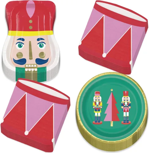 HOME & HOOPLA Cascanueces - Platos de papel con forma de fiesta de Navidad, platos de postre de papel redondos con borde dorado y servilletas de