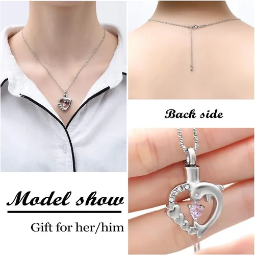 Miniatura 20 de Yinplsmemory Collar de urna de corazón de delfín para cenizas para mujer, colgante de urna de corazón de cristal, collar de recuerdo de cenizas