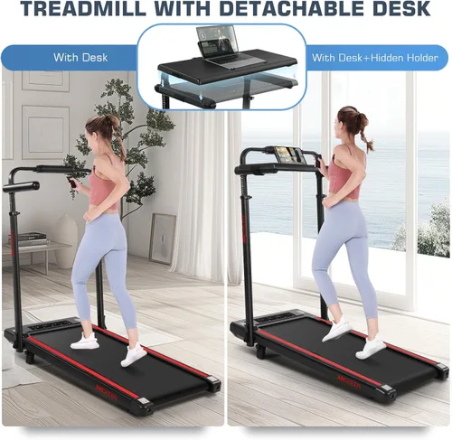 Miniatura 3 de ANCHEER Cinta de correr con inclinación del 12%/15%, almohadilla plegable con barra de asa, capacidad de 320-450 libras debajo del escritorio, Rojo