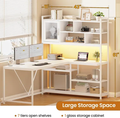 Miniatura 2 de SEDETA Escritorio para Computadora en Forma de L, Escritorio de Oficina de 58'' con Luz LED y Estantería, Escritorio de Esquina en Forma de L