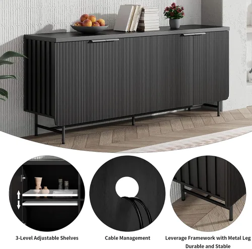 Miniatura 4 de Soporte de TV acanalado de mediados de siglo para TV de 55 a 75 pulgadas, centro de entretenimiento negro con almacenamiento, soporte de televisión