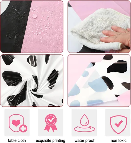 Miniatura 2 de Oudain Mantel de vaquero rosa de 54 x 108 pulgadas, 6 piezas de 9.84 pies, patrón de vaca, banderines de plástico con temática de vaca, mantel