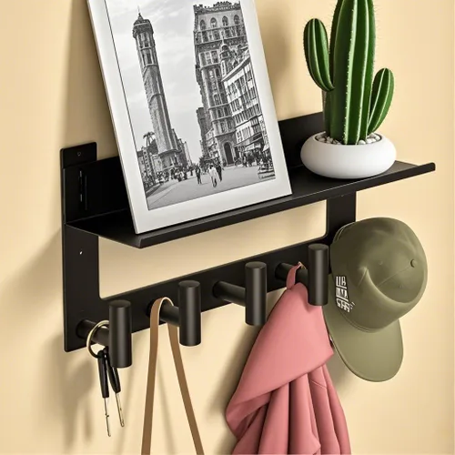 Miniatura 4 de VAEHOLD Perchero de pared con ganchos de pared con ganchos de pared superior e inferior doble estante de entrada con 5 ganchos de acero inoxidable