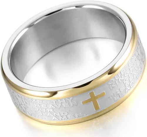 Miniatura 3 de MOWOM - Anillo de acero inoxidable de dos tonos de plata y oro con cruz de la Biblia Lords