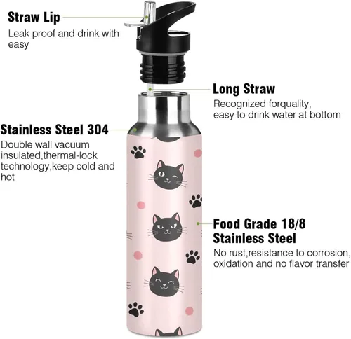Miniatura 3 de Cute Black Cat Pink Stainless Steel Water Bottle 20 Oz, BPA-Free Sports Water Bottle with Straw Leakproof Water Bottles