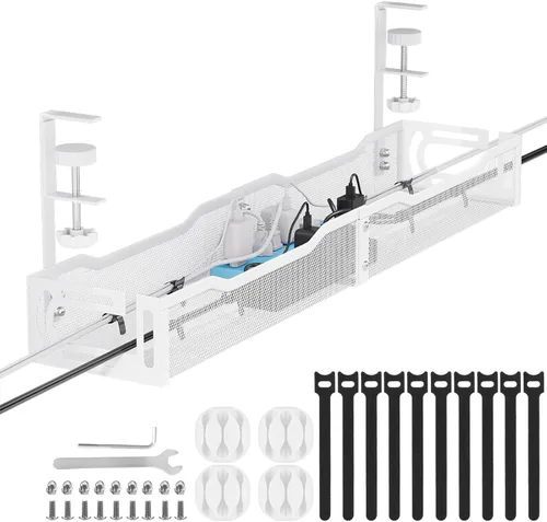 Miniatura 10 de Bandeja de gestión de cables para debajo del escritorio, gestión de cables debajo del escritorio sin taladro, bandeja de gestión de cables con Negro