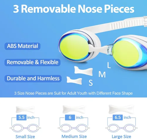 Miniatura 3 de Water Space Paquete de 2 gafas de natación con 3 piezas de nariz para niños jóvenes de 6 a 16 años, lentes espejadas, protección UV, antivaho y sin