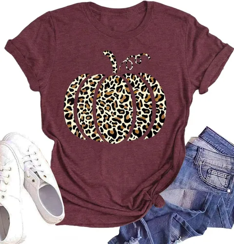 Miniatura 31 de Woffccrd - Camisetas divertidas con estampado de calabaza y leopardo para mujer, camisetas gráficas de manga corta de Halloween para mujer