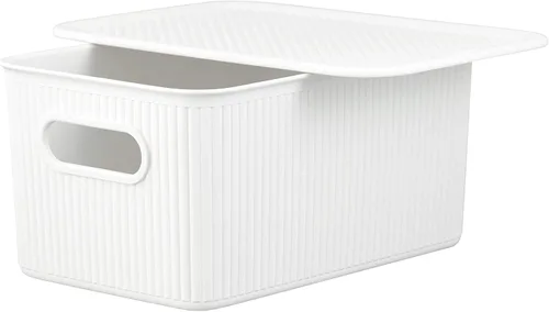 Superio Ribbed Collection - Cesta decorativa de plástico con tapa para el hogar, color blanco mediano (paquete de 1 unidad, 5 litros), caja apilable