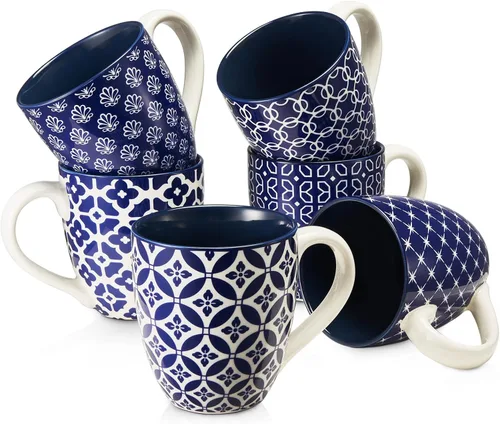 Miniatura 8 de DOWAN Juego de 6 tazas de café, tazas de porcelana grandes de 16 onzas, tazas de té de cerámica con asa para hombres y mujeres, juego de regalo