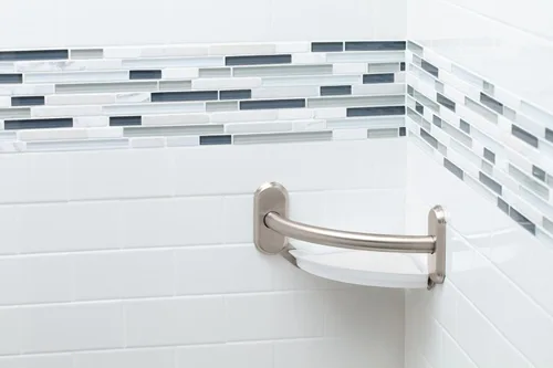 Miniatura 3 de Moen LR2354DBN Barra de agarre curvada de baño de 9 pulgadas con estante esquinero integrado, níquel cepillado