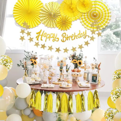 Miniatura 3 de Decoraciones de cumpleaños amarillas para mujer, 33 piezas, decoración de fiesta amarilla para niña con pancarta y abanicos de papel colgantes