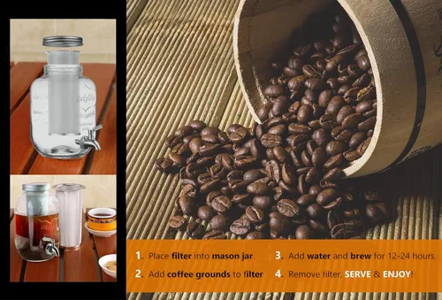 Miniatura 5 de Filtro de café frío para frascos Mason de 1 galón, fabricado con acero inoxidable, filtro de malla fina para café helado y té y sol en lotes