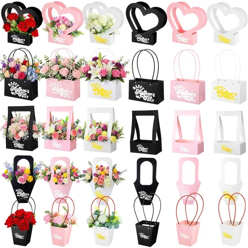 Miniatura 7 de PerKoop 30 cajas de flores para el Día de la Madre para arreglos de ramo de flores, bolsas de regalo con asa, embalaje impermeable, envoltura